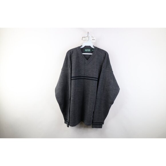 Vintage 90s Streetwear Mens XL Blank Striped Ribbed Knit V-Neck Sweater Gray - Picture 1 of 10